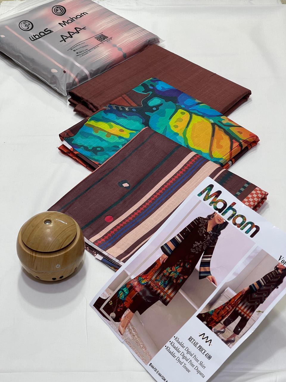 Maham Original Khaddar digital print shirt set with dupatta and trousers, vibrant multicolor design, displayed on white surface