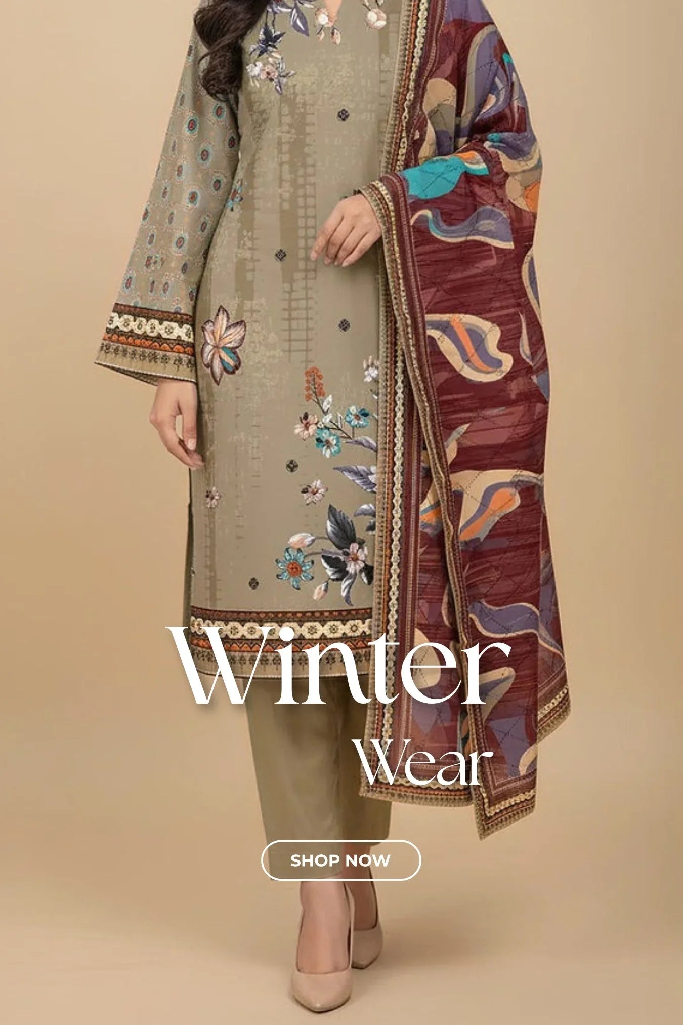 Women's winter wear outfit with olive green floral embroidered kurta and multicolor shawl