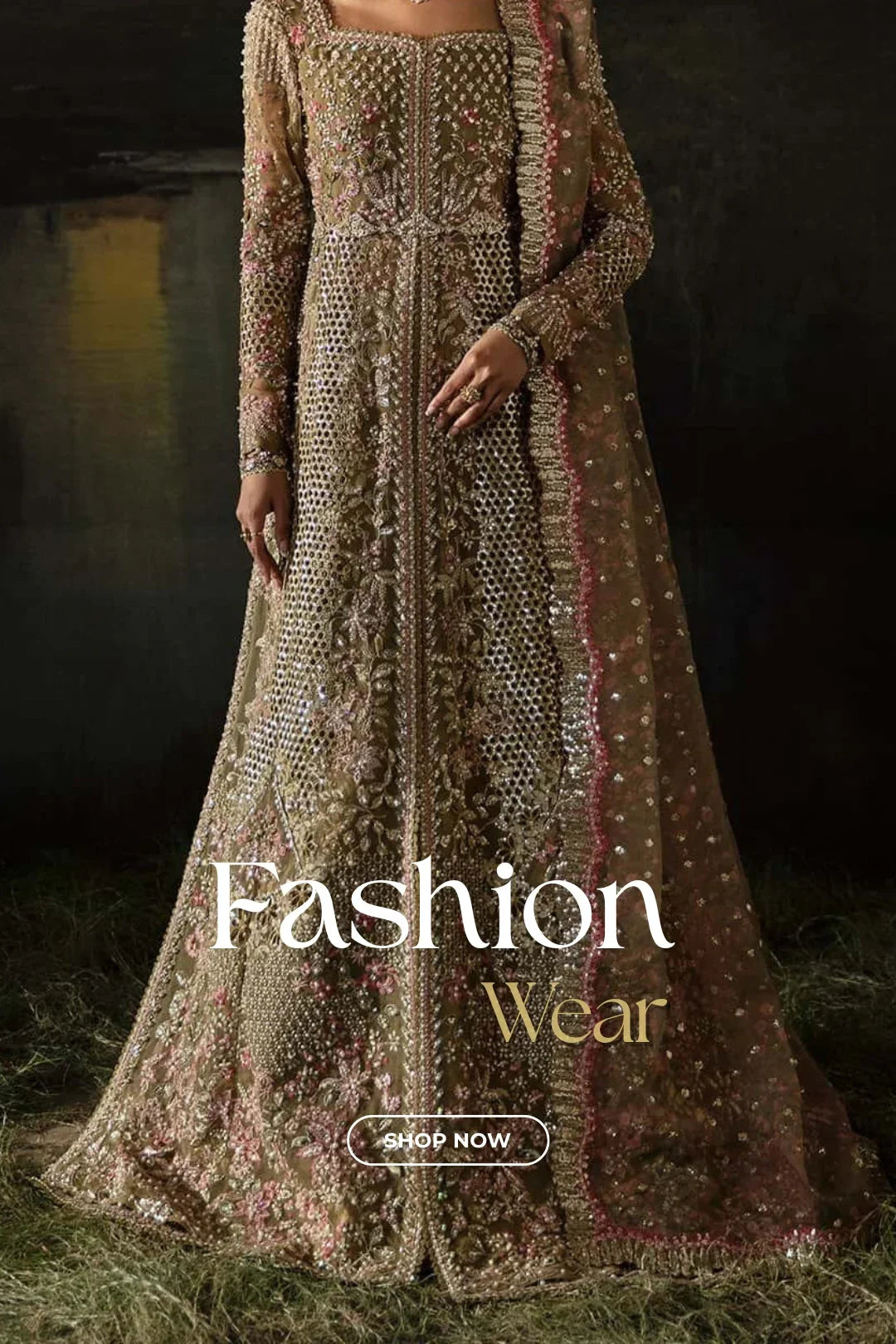 Close-up of a heavily embellished traditional brown and pink bridal dress with intricate embroidery and beadwork