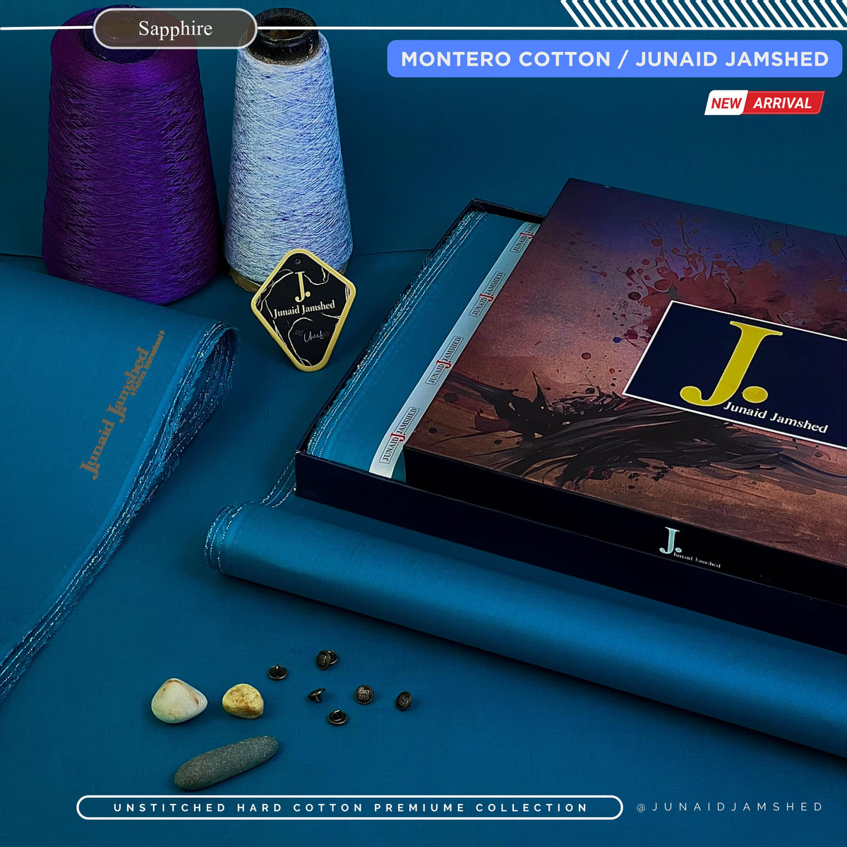 MONTERO – Junaid Jamshed Hard Cotton | All-Seasons Silver-Finish Premium Unstitched Sapphire Colour