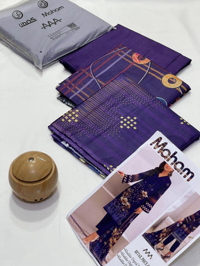 Purple fabric set with geometric patterns and golden dots, Maham brand packaging and design catalog
