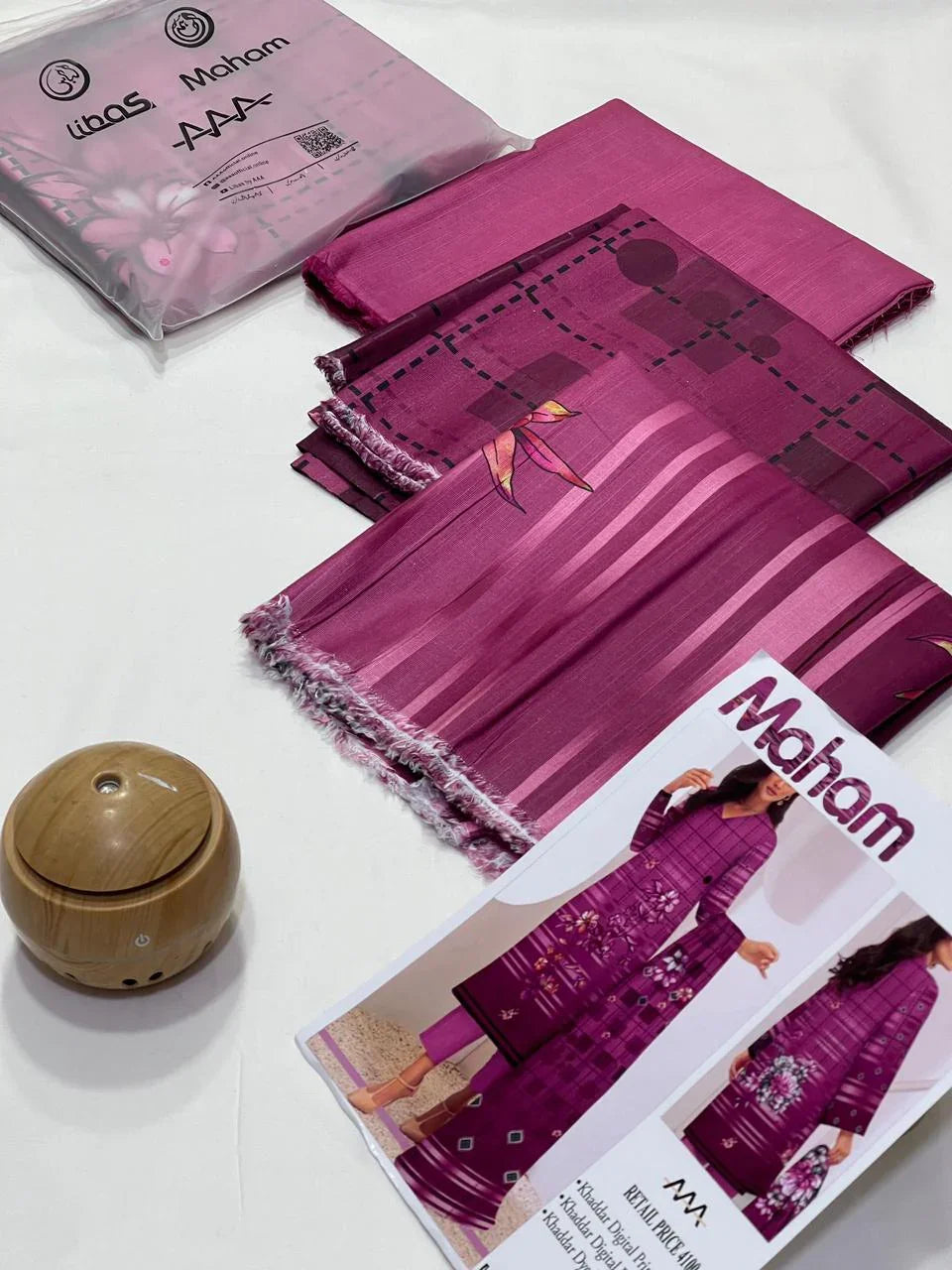 Maham AAA pink-purple embroidered fabric set with printed design and packaging on white surface