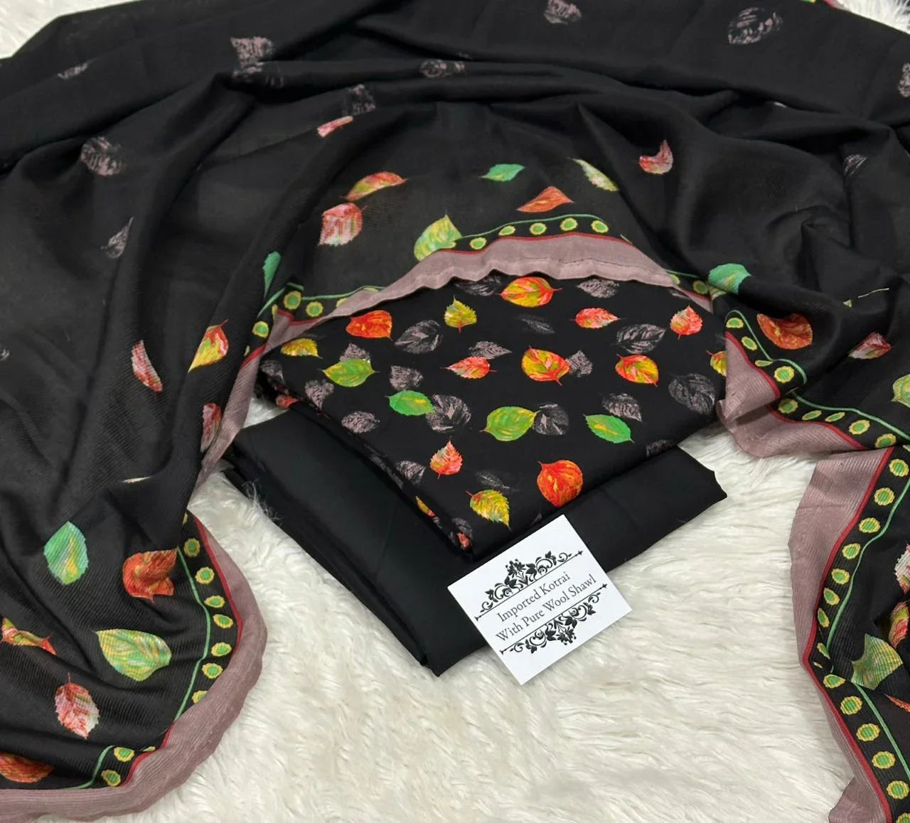 Black pure wool shawl and fabric set with multicolor autumn leaf print and decorative border