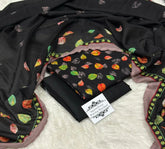 Black pure wool shawl and fabric set with multicolor autumn leaf print and decorative border