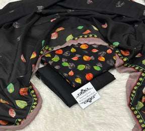 Black pure wool shawl and fabric set with multicolor autumn leaf print and decorative border