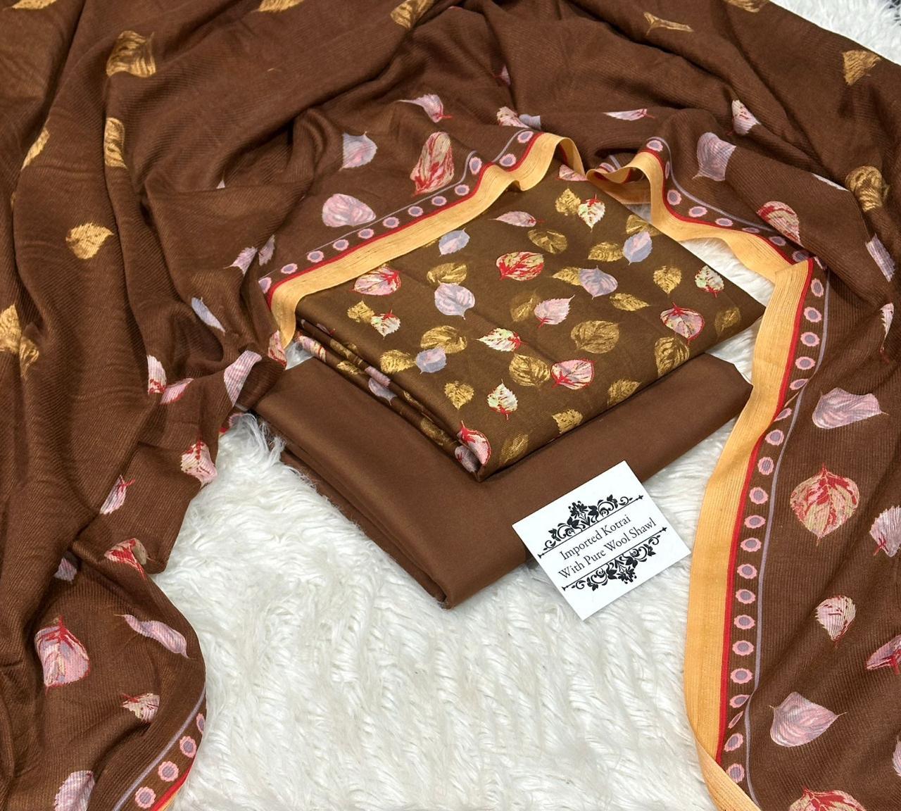 Brown printed fabric set with floral leaf pattern and border, labeled as pure wool Kotrai shawl