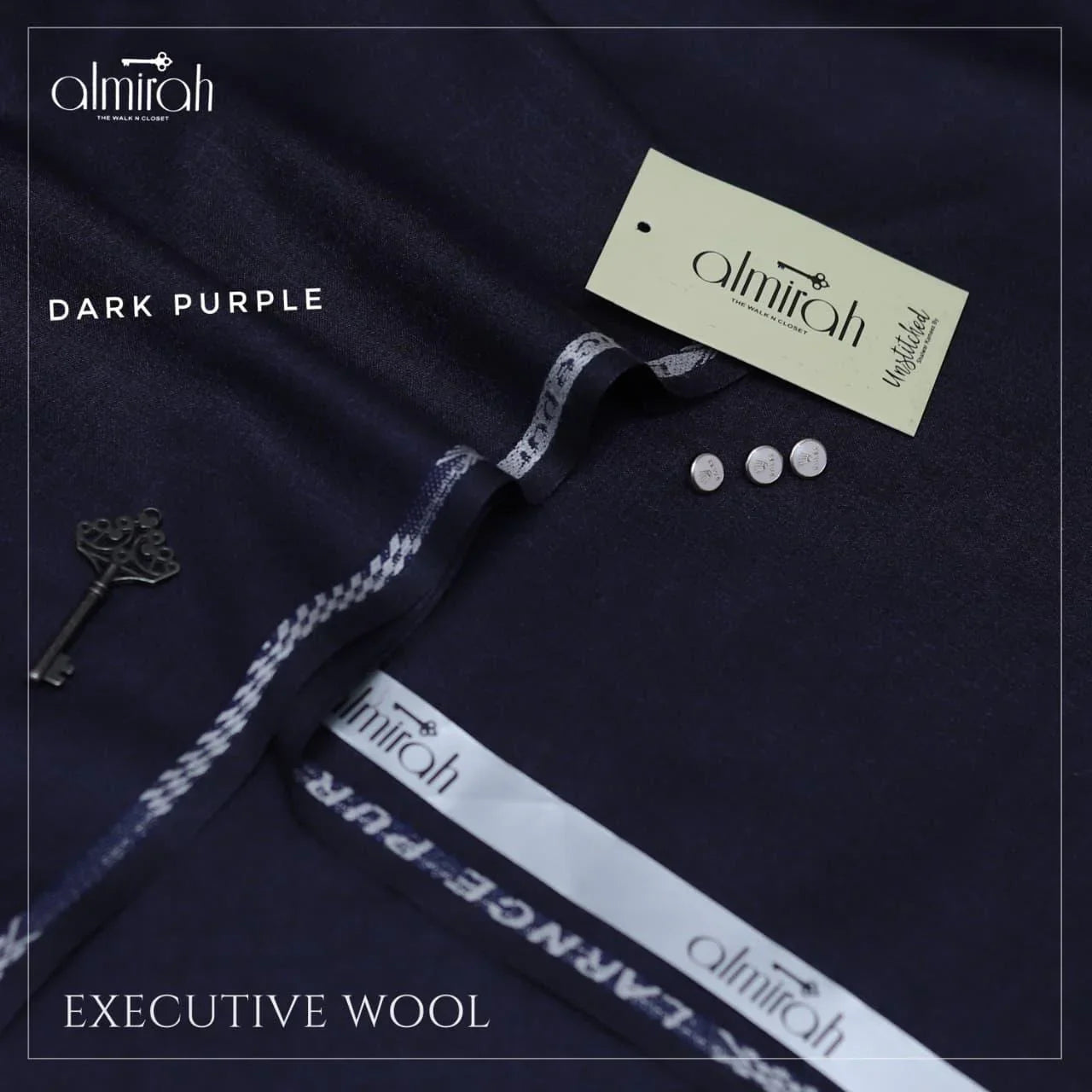 Dark purple executive wool fabric with Almirah branding and fabric tags