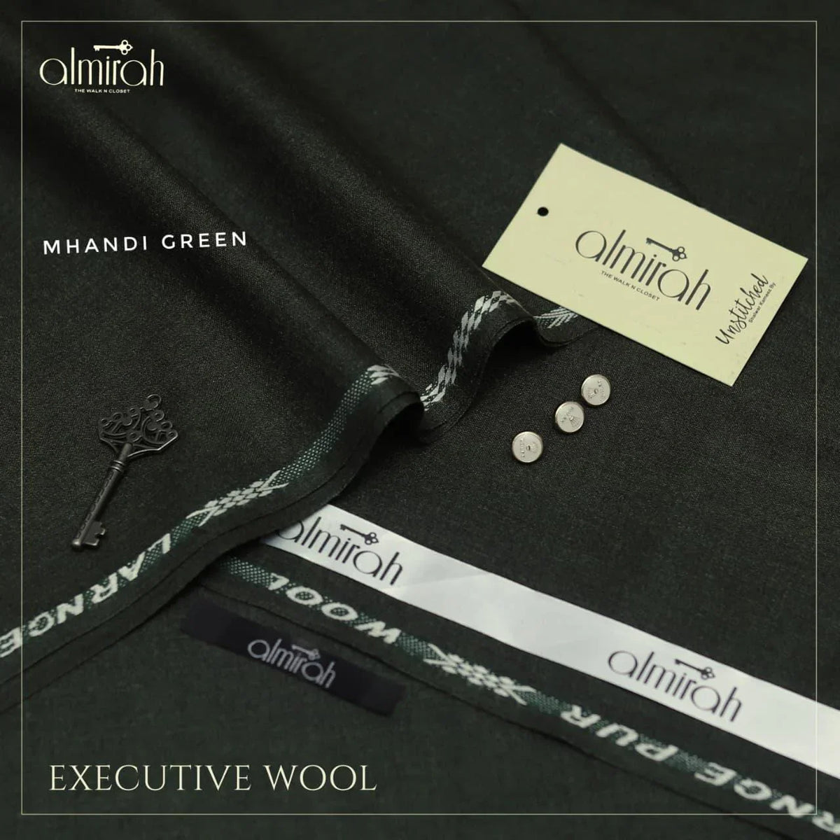 Almirah executive wool fabric in Mhindi green with fabric labels, buttons, and a decorative key