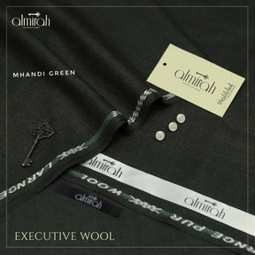 Almirah executive wool fabric in Mhindi green with fabric labels, buttons, and a decorative key