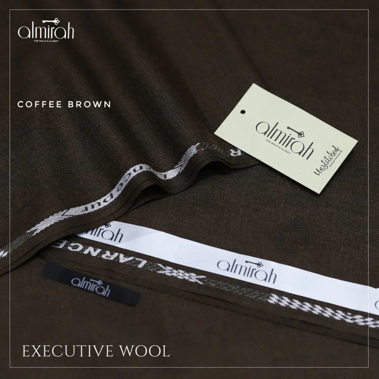 Coffee brown executive wool fabric from Almirah with branded labels and unstitched tag