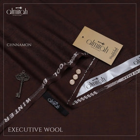 Almirah cinnamon brown executive wool fabric with branded tags, buttons, and decorative key