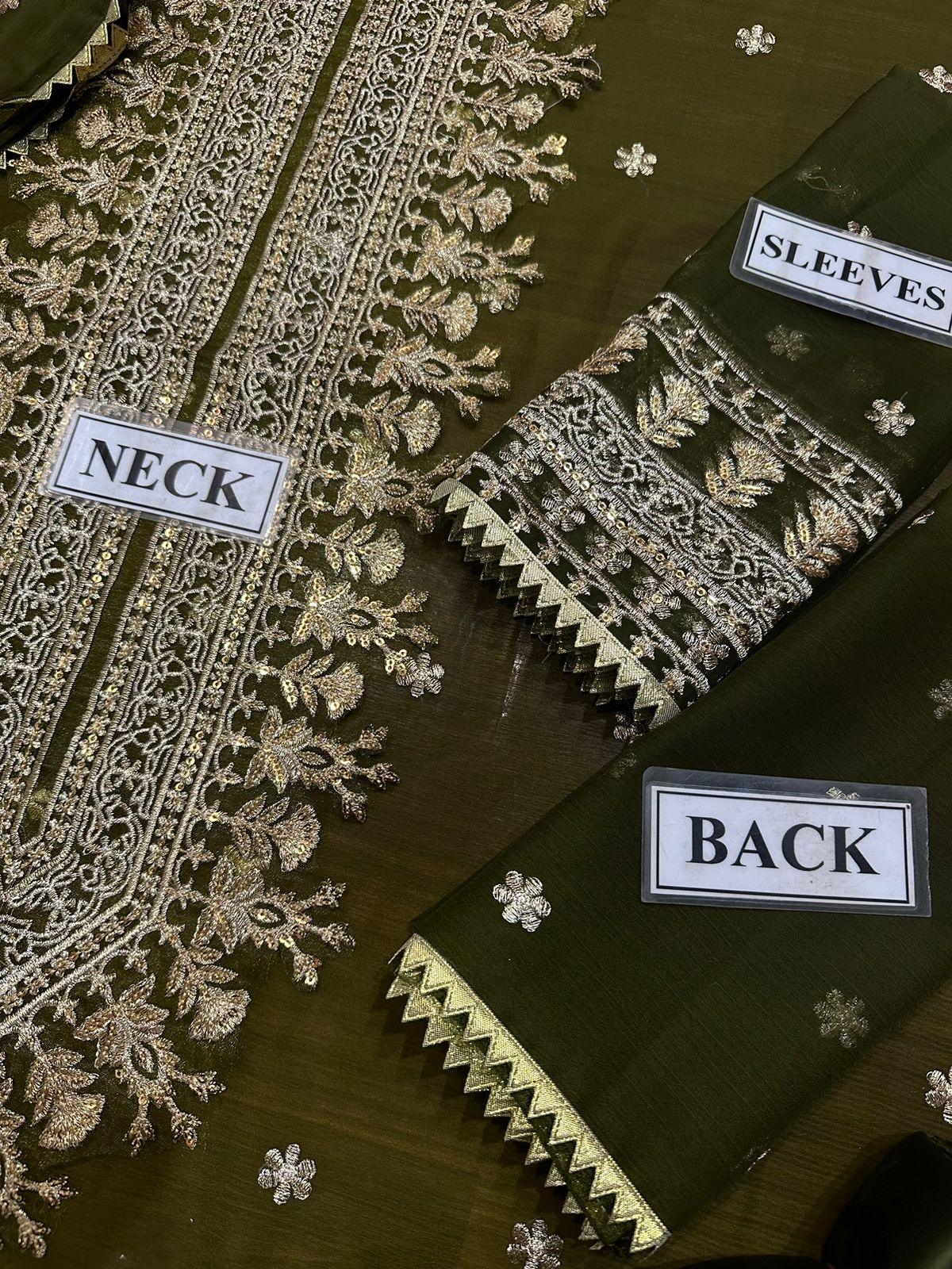 Olive green fabric with intricate gold embroidery labeled for neck, sleeves, and back parts