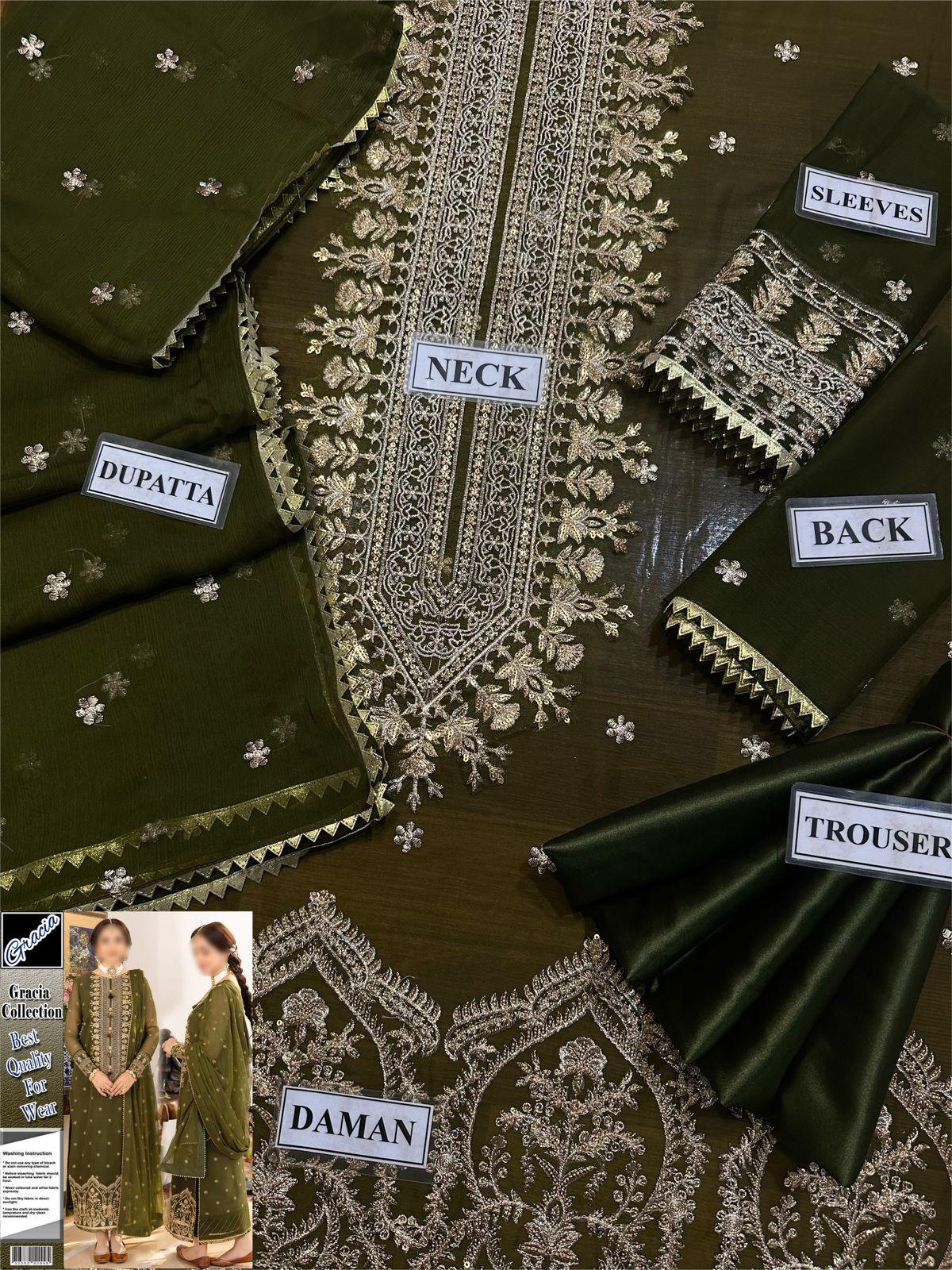 Olive green embroidered stitched suit fabric set with labeled dupatta, neck, sleeves, back, daman, and trouser pieces
