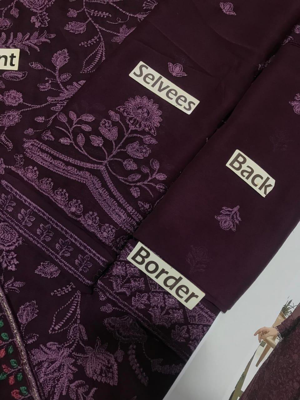 Purple embroidered fabric pieces labeled Selvees, Back, Border for unstitched dress material