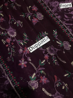 Dark purple embroidered dupatta with floral patterns in purple, green, and pink threads labeled Front and Duppatta
