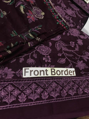 Dark purple fabric with intricate pink floral embroidery labeled Front Border