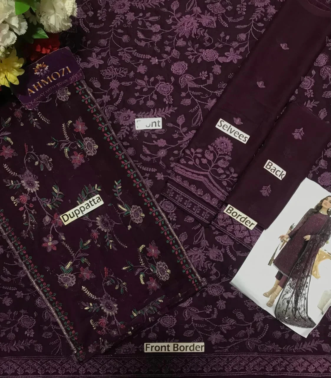 Purple floral embroidered unstitched dress fabric set with dupatta, front, back, selvess, and borders by Ahmozi