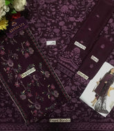 Purple floral embroidered unstitched dress fabric set with dupatta, front, back, selvess, and borders by Ahmozi