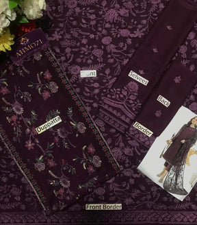 Purple floral embroidered unstitched dress fabric set with dupatta, front, back, selvess, and borders by Ahmozi