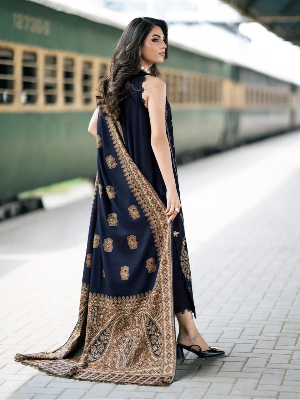 Izel – 3PC Dhanak Marina Embroidered Suit with Digital Wool Shawl Blue Colour