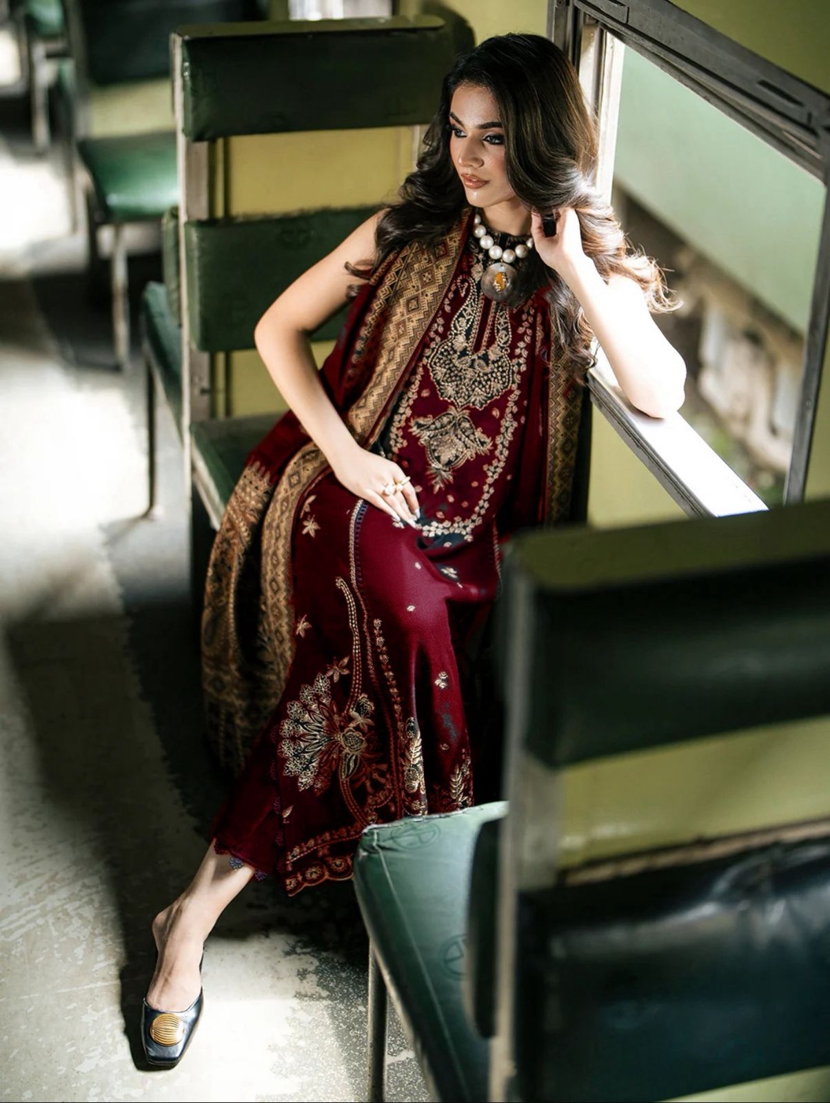 Izel – 3PC Dhanak Marina Embroidered Suit with Digital Wool Shawl Colour Red