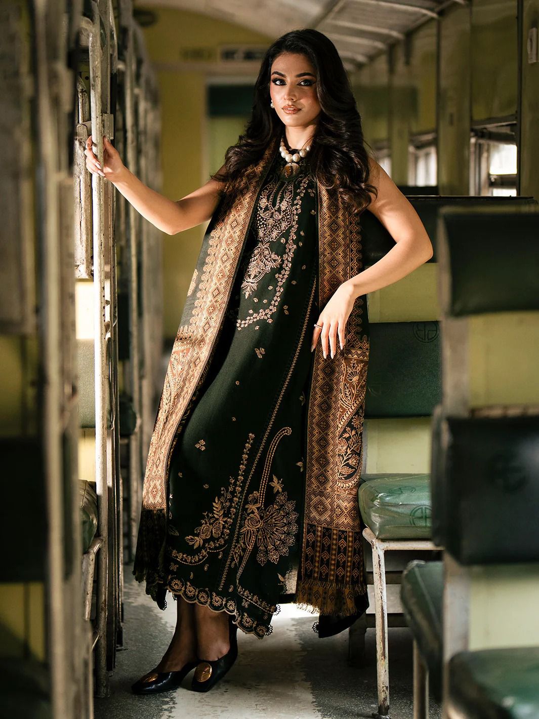 Izel – 3PC Dhanak Marina Embroidered Suit with Digital Wool Shawl Green Colour