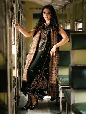 Izel – 3PC Dhanak Marina Embroidered Suit with Digital Wool Shawl Green Colour