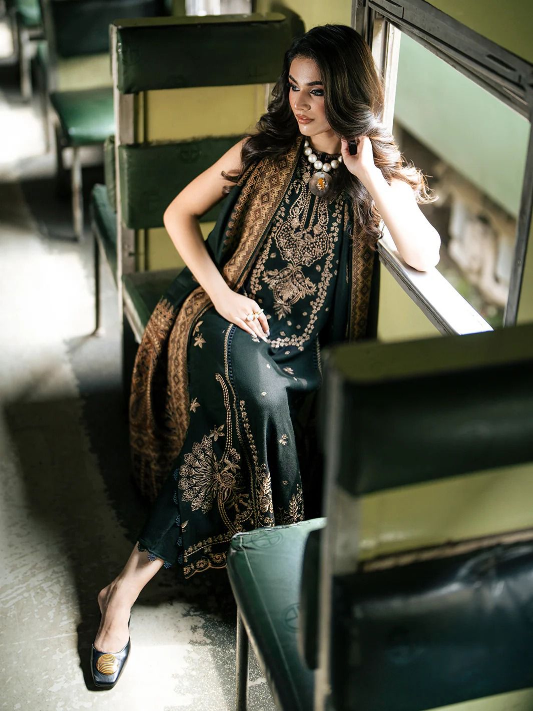 Izel – 3PC Dhanak Marina Embroidered Suit with Digital Wool Shawl Green Colour