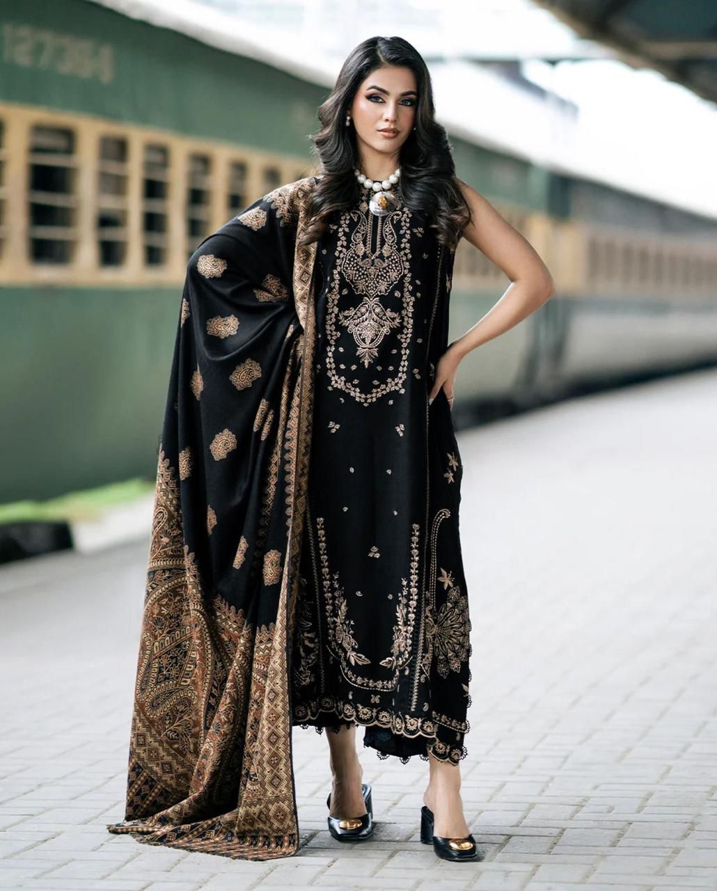 Izel – 3PC Dhanak Marina Embroidered Suit with Digital Wool Shawl Black Colour