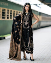 Izel – 3PC Dhanak Marina Embroidered Suit with Digital Wool Shawl Black Colour