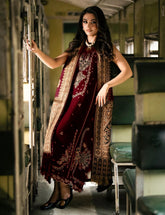 Izel – 3PC Dhanak Marina Embroidered Suit with Digital Wool Shawl Colour Red